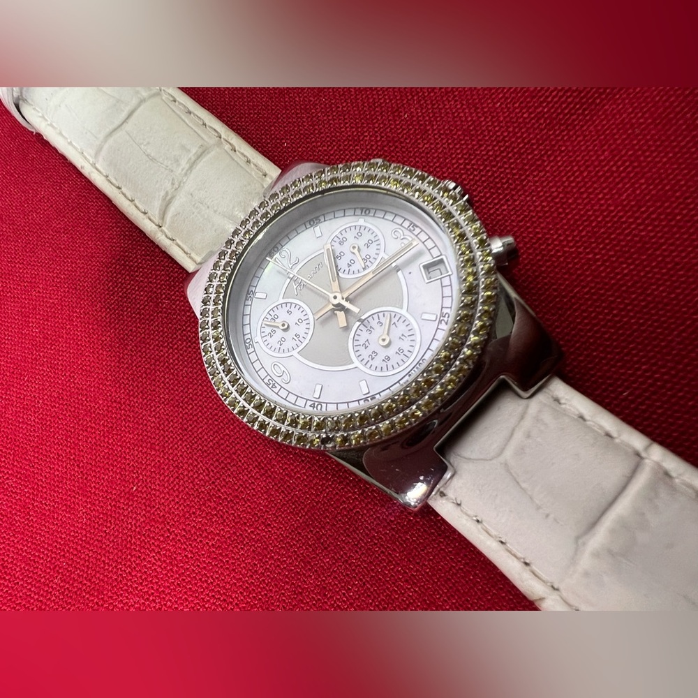 Polanti Women’s Yellow Diamond White Leather Band Watch